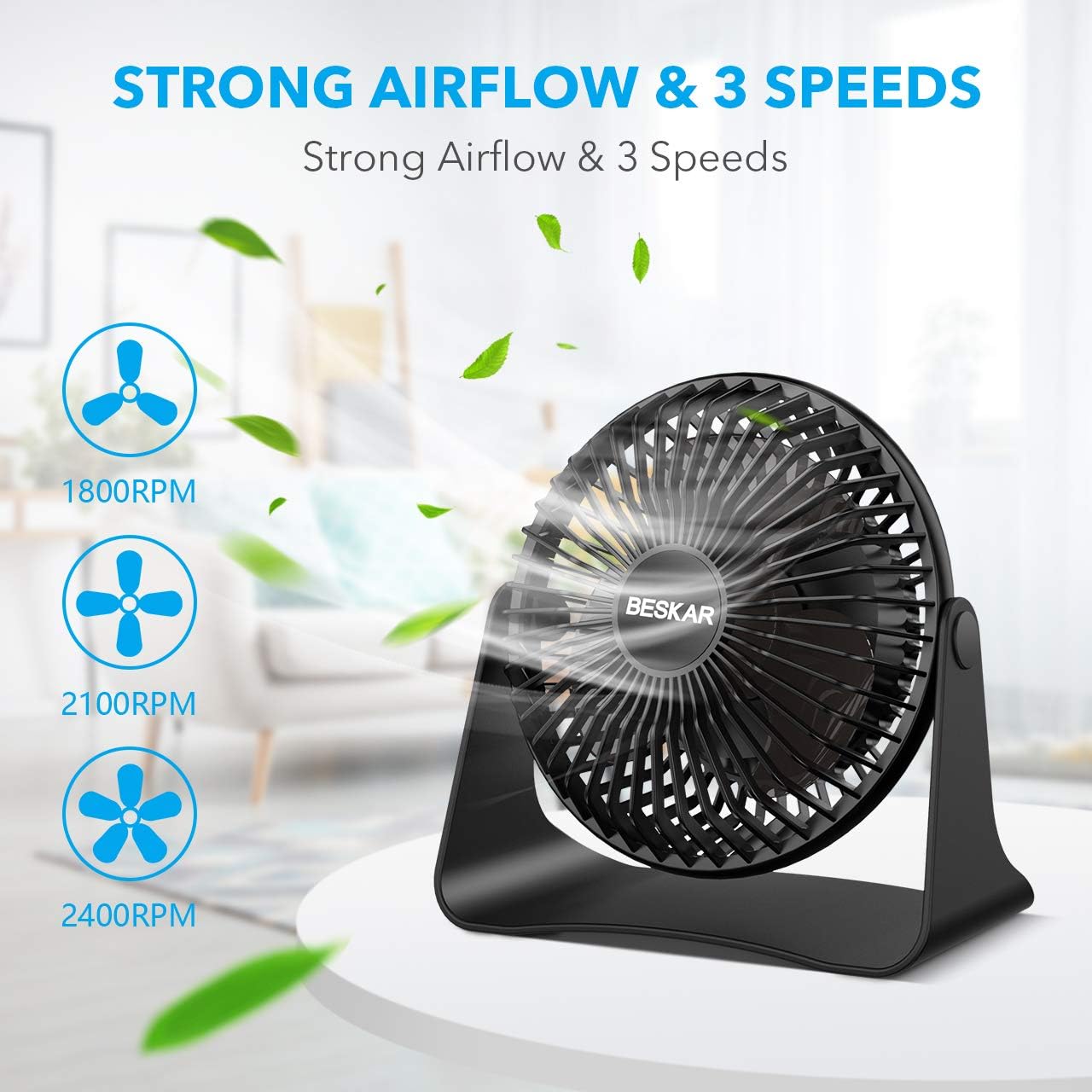 BESKAR USB Small Desk Fan - 6 Inch Portable Fans with 3 Speeds Strong Airflow, Quiet Operation and 360°Rotate, Personal Table Fan for Home,Office, Bedroom - 3.9 ft Cord: Home & Kitchen