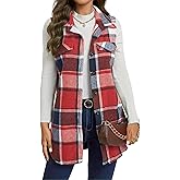 UONBOX Women's Plaid Vest Flannel Button Down Sleeveless Shacket Shirt Outerwear Fall Lapel Long Jacket with Pockets