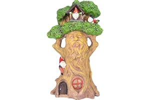 Ovewios Garden Gnome Treehouse Outdoor Decor, Large Garden Gnome House and Fairy Figurines with Solar Lights Waterproof Resin Ornaments Decorations for Patio Yard Lawn Gift