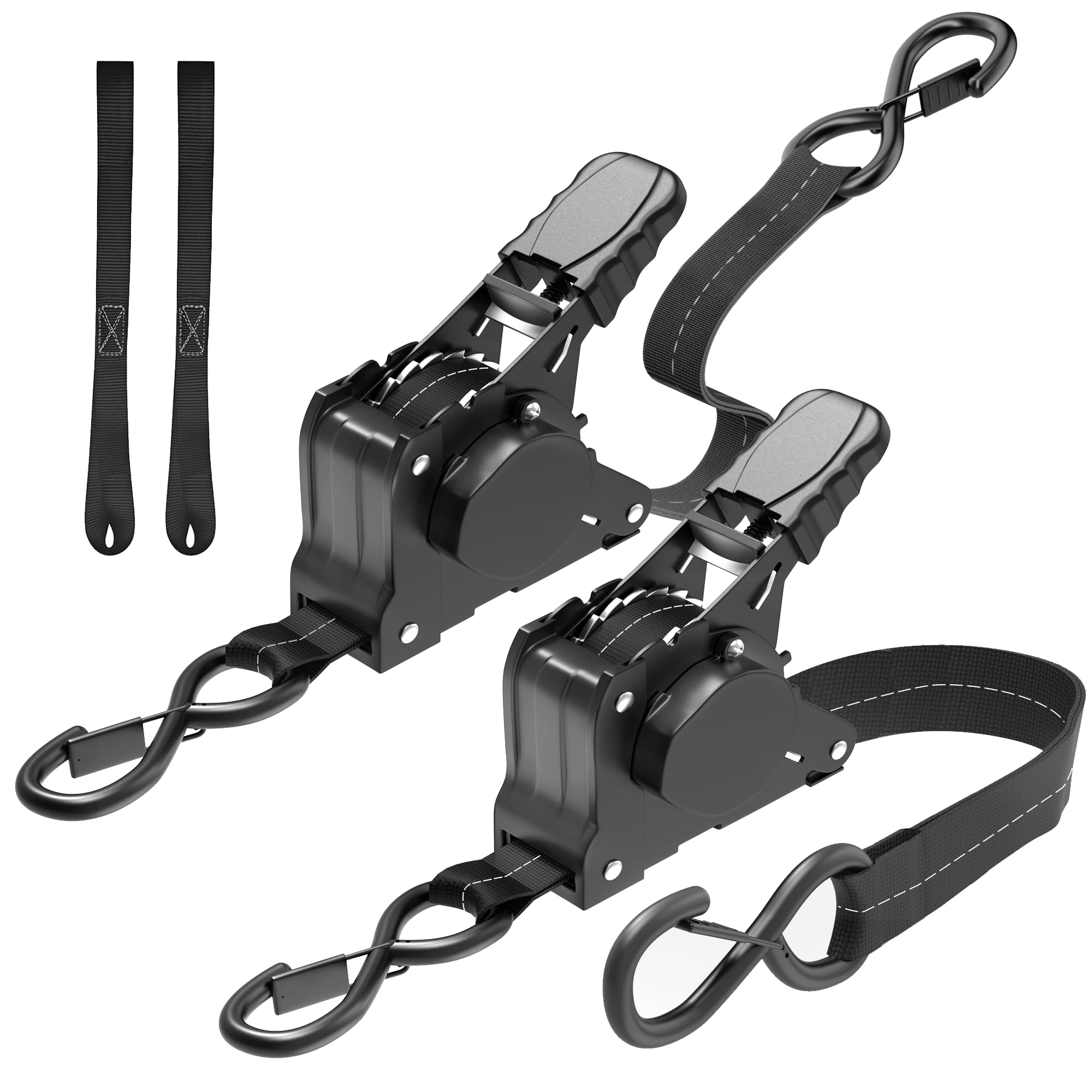 Photo 1 of Retractable Ratchet Straps, 1500 lbs Break Strength 1 inch × 13 Feet Self Retracting Ratchet Straps with S Hooks, Automatic Retractable Ratcheting Tie Down Strap for Truck Trailer Motorcycle, Black