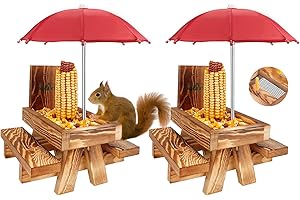 MIXXIDEA Squirrel Feeder Picnic Table with Tall Umbrella Set of 2, Wooden Squirrel Feeders for Outside, Cute Chipmunk Feeder with Corn Cob Holder, Solid Structure, Thick Wood (Rustic Brown 2pk)