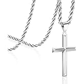 Cameido 925 Sterling Silver Cross Necklace for Men with 3.5mm Stainless Steel Twist Clasp Rope Chain Necklace Beveled Edge Cross Pendant Necklace for Men Women 16-28 Inches