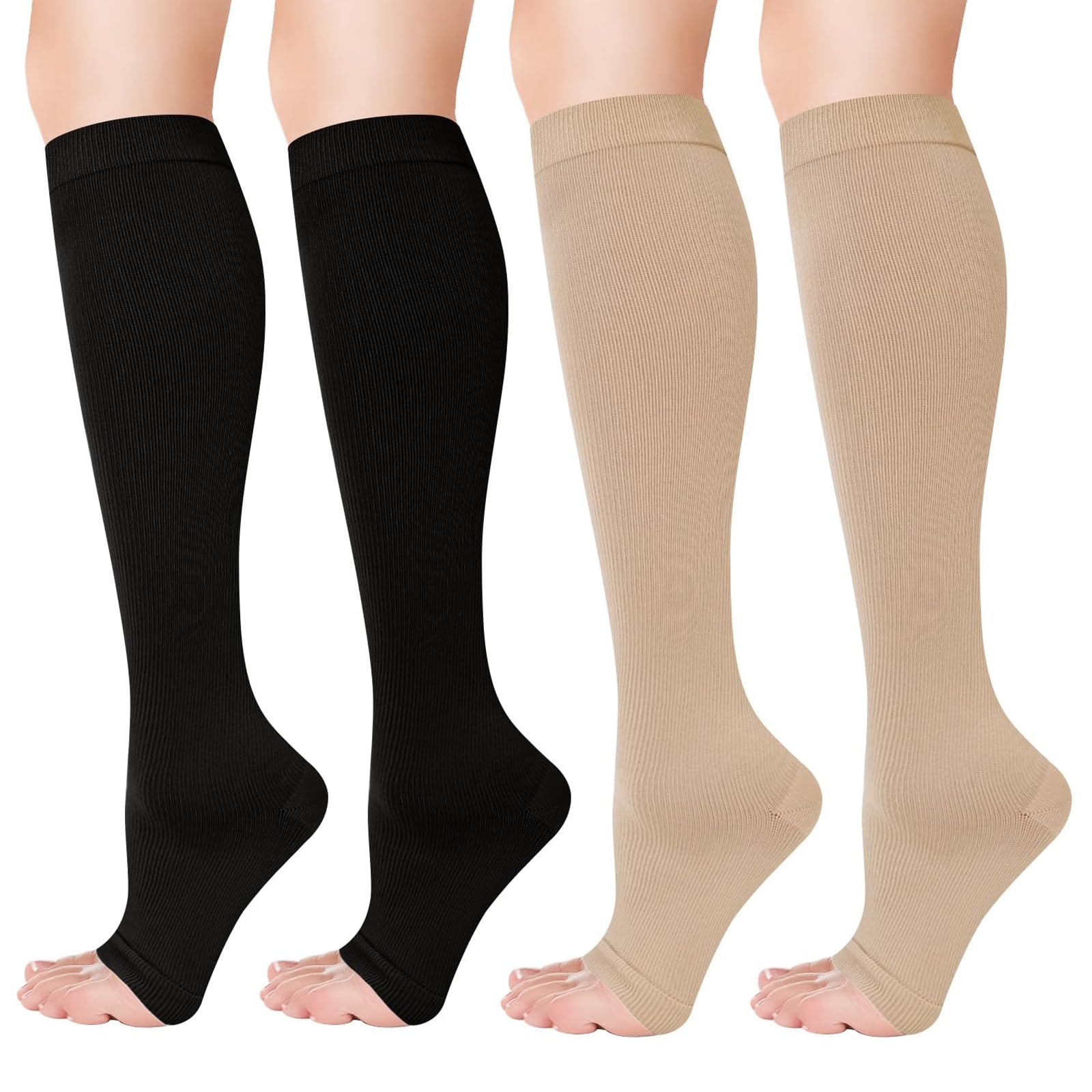 Toeless Compression Socks for Women, Support Socks - Flight, Running, Maternity (Beige, Black)