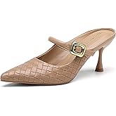 NEWBELLA Women's Woven Pointed Toe Heeled Mules - Faux Leather Kitten Heel Slip-On Sandals for Casual & Dressy Outfits