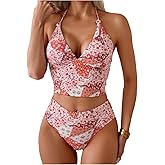 Floerns Women's 2 Piece Swimsuits Floral Halter Tankini Set High Waisted Bathing Suit