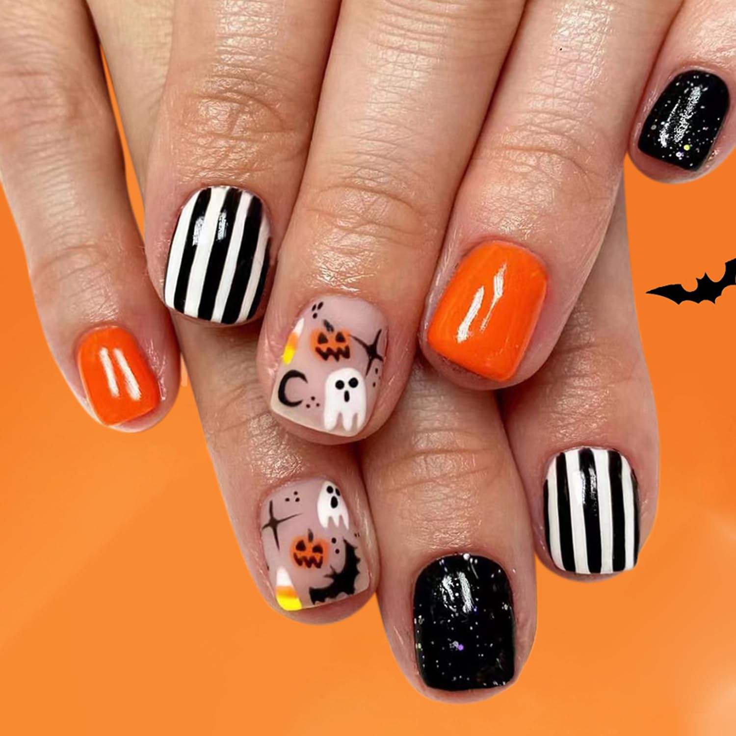 Photo 1 of 24Pcs Short Square Press on Nails Halloween Fake Nails Black and White Stripes Glue on Nails Orange Moon Star Bat Pumpkin Design Ghost Handmade Acrylic Nail for Women Decor Nail Art