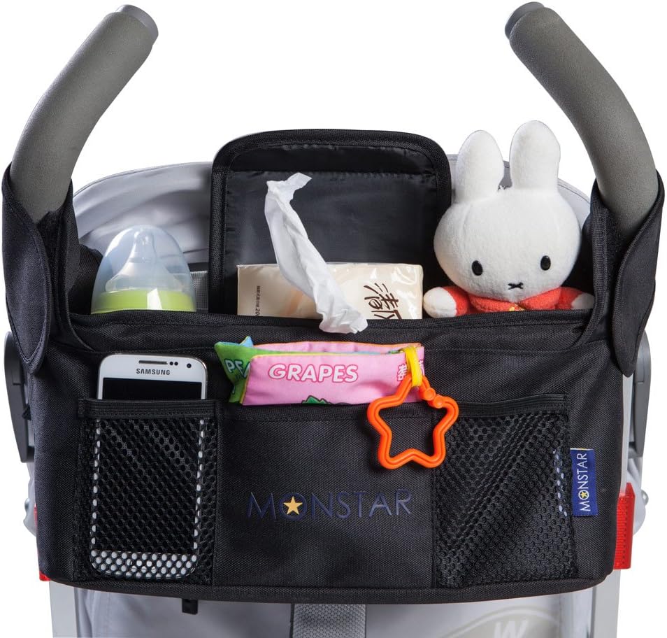 MONSTAR Stroller Organizer & Bottle and Diaper Bag - Universal Fit Stroller Storage Accessories and Portable Stroller Bag with Cup Holders Insulated