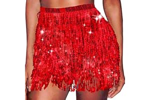 REETAN Sequin Sparkly Skirt Disco Fringe Short Skirt Rave Party Dance Belly Skirt for Women and Girls