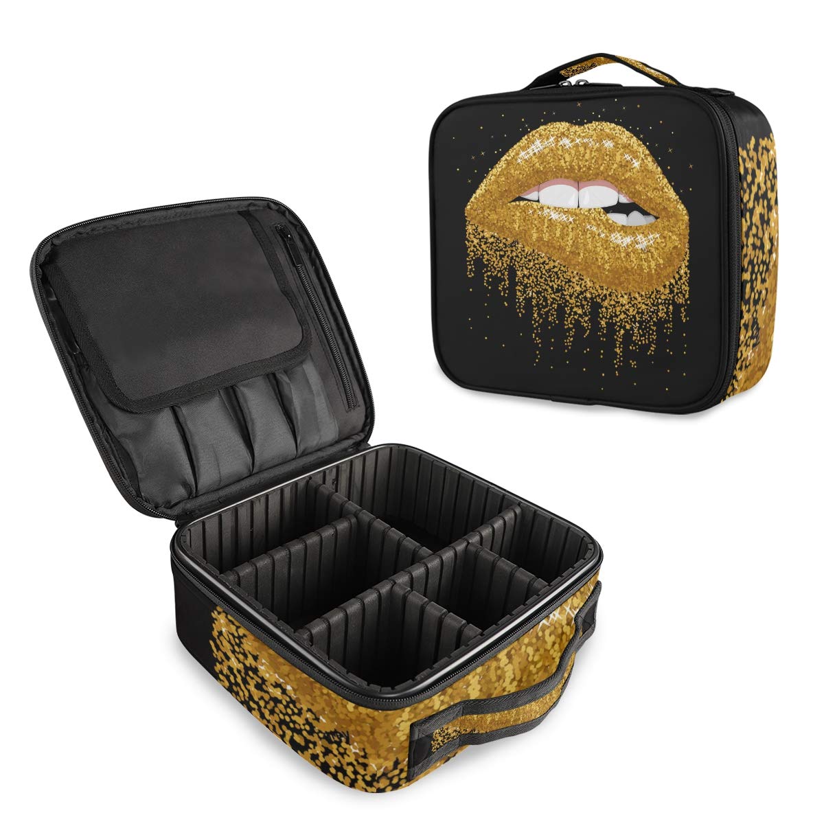 SLHFPX Golden LipTravel Makeup Case Cosmetic Bag Box Professional Train Case Large Make Up Storage Organizer with Removable Dividers & Brush Section for Women Girls Hard Shell