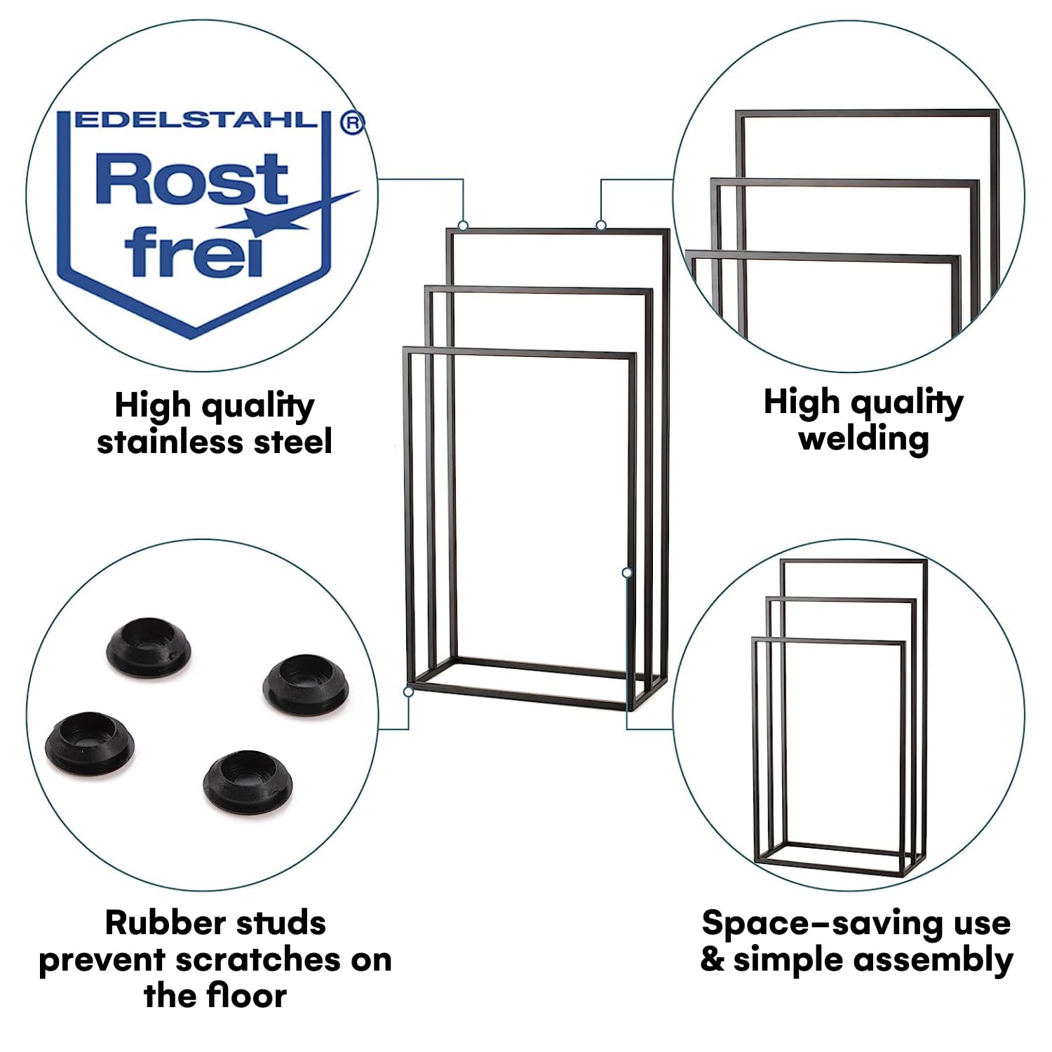 Smartpeas Handtuchhalter Stehend - Handtuchständer Schwarz Aus Rostfreiem Pulverbeschichtetem Stahl - Mit 3 Handtuchstangen - Plus: Edelstahl Klebehaken 3
