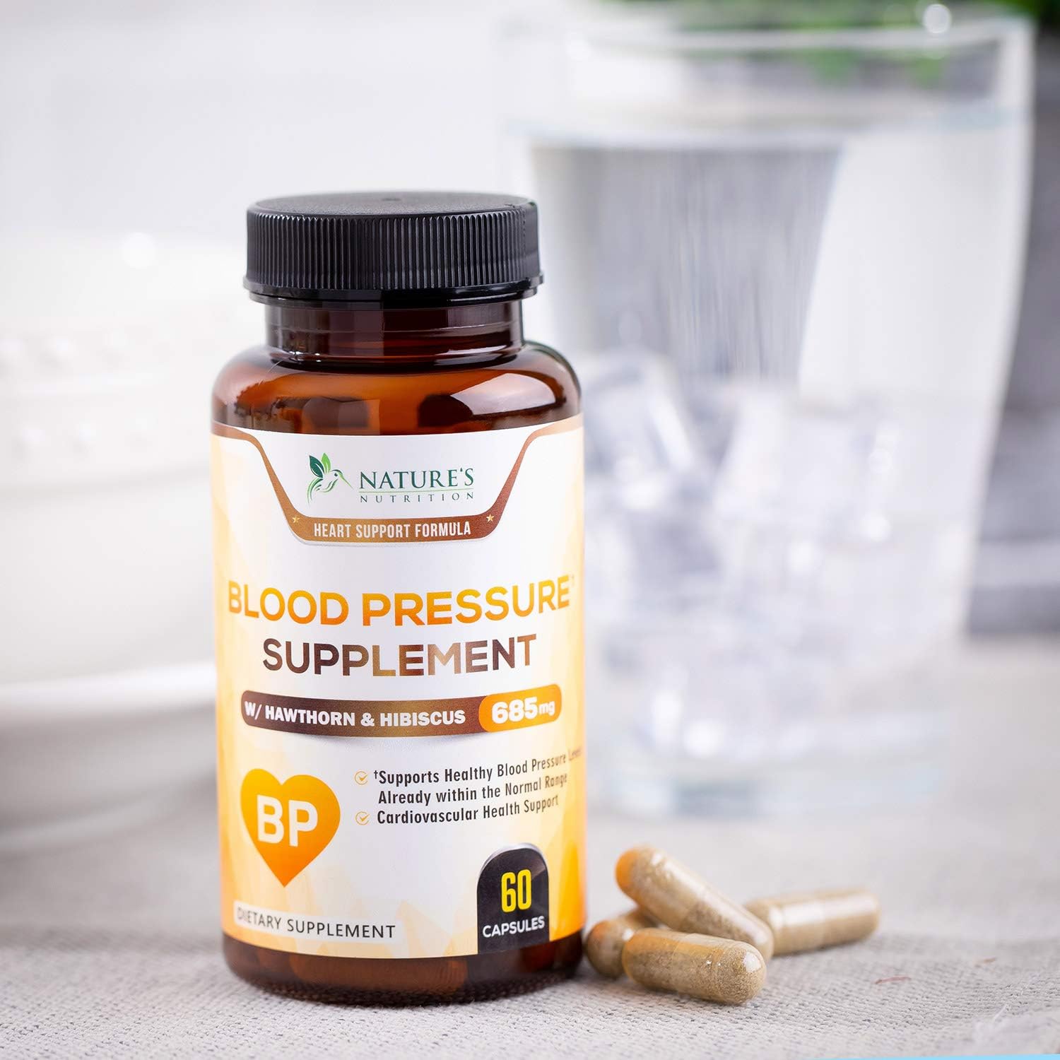 Blood Pressure Support Supplement Extra Strength Heart Aid 685mg - Heart Health Vitamins - Made in USA - Best Natural Blood Pressure Support* Pill with Garlic, Hawthorn & Hibiscus - 60 Capsules: Health & Personal Care
