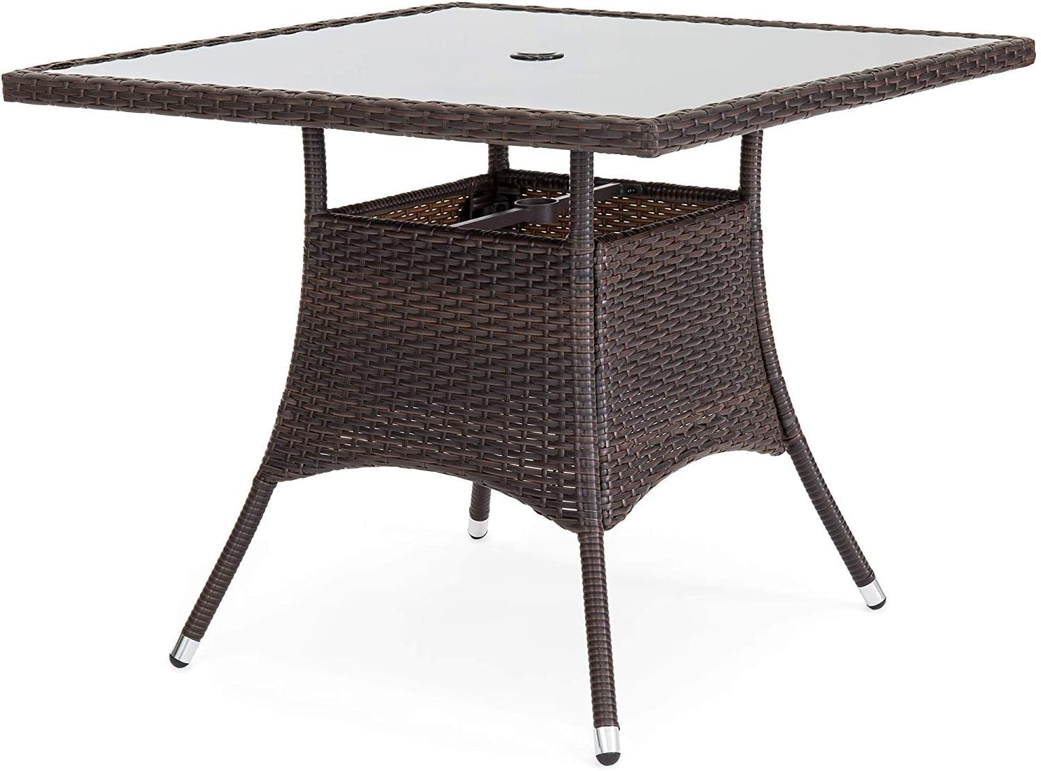 OAKVILLE FURNITURE 61205 5-Piece Patio Set Square Glass Top Dining Table with Standard Umbrella Hole 4 Outdoor Chairs, Brown Wicker, Beige Cushion: Garden & Outdoor
