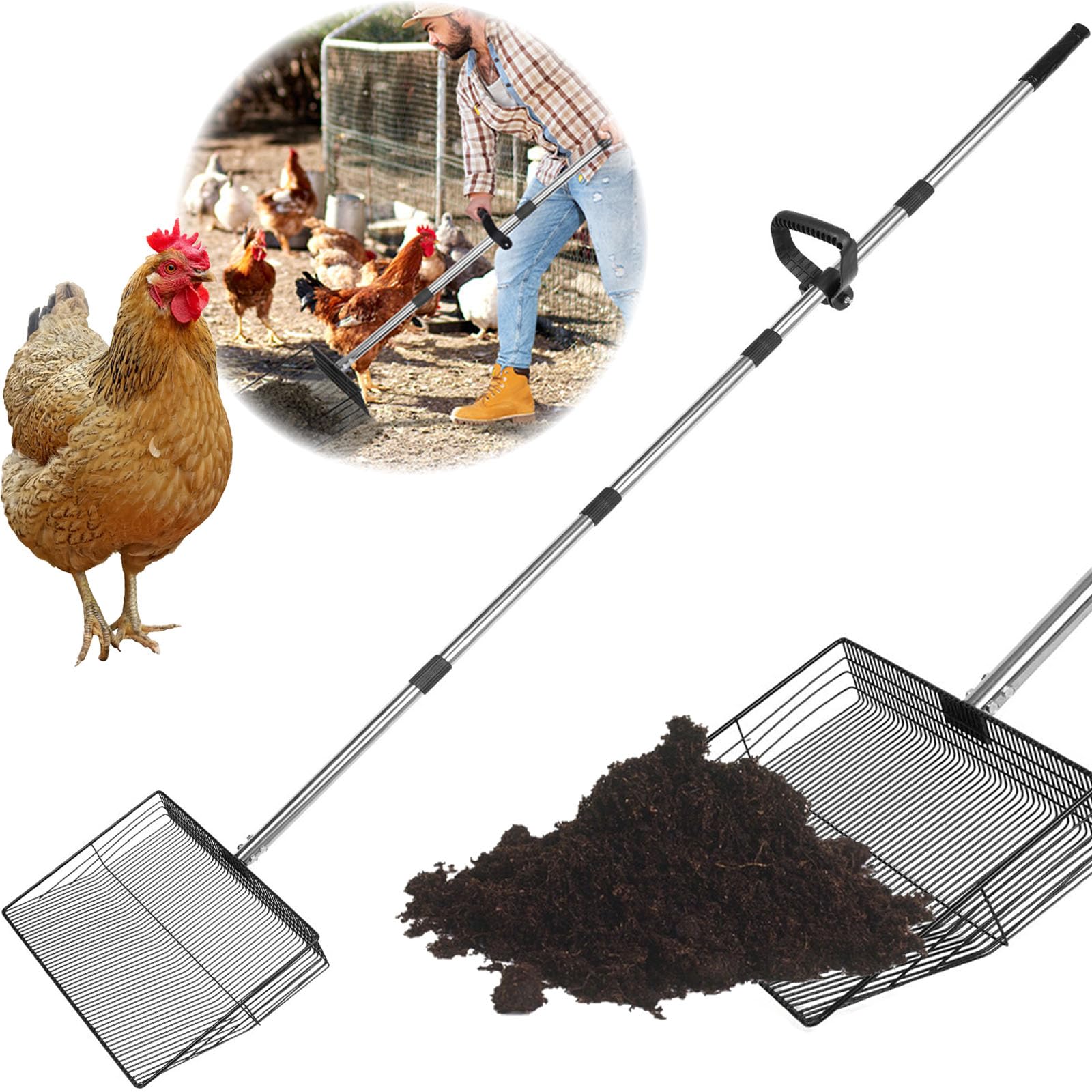 Photo 1 of 15 inch Large Chicken Poop Scooper with Ergonomic Grip, 6 in 1 Detachable Chicken Scooper for Poop Shovel (20 to 79"), Stainless Steel Sifting Shovel for Chicken Coop/Goat Stall/Stable Cleaning Tool