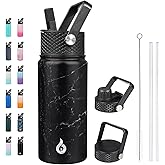 BJPKPK Insulated Water Bottles with Straw Lid, 18oz Stainless Steel Metal Water Bottle, Cold Hot Thermo with 3 Lids, Leak Proof BPA Free Travel Cup, Wide Mouth Flasks, Thermo -Midnight