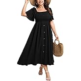 Plus Size Casual Maxi Boho Dress for Curvy Women Short Sleeve Square Neck Smocked Summer Beach Dresses Button Down