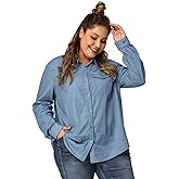 Agnes Orinda Women's Plus Size Denim Shirt Long Sleeves Chest Pocket Button Down Chambray Shirts