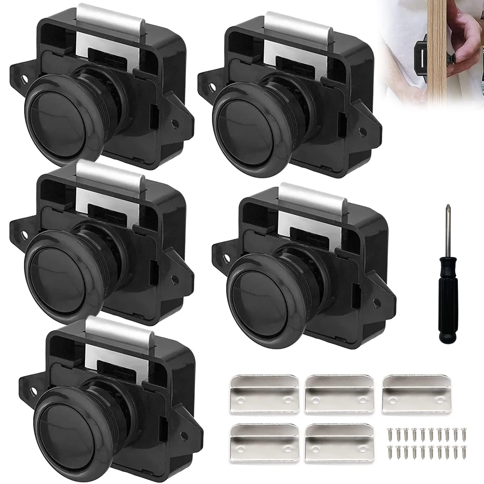 5 PCS Motorhome Locks, Metal Push Button Catch Door Lock Furniture Lock Cabinet Locks Knob Lock Door Fastener for Motorhome Caravan Yacht Closet Door, Black