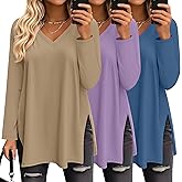 Huukeay 3 Pack Womens Oversized Long Sleeve T Shirts V Neck Knit Casual Workout Tunic Tops Side Split Loose Basic Tees(Haze Blue, Dusty Lilac, Warm Sand,Large)