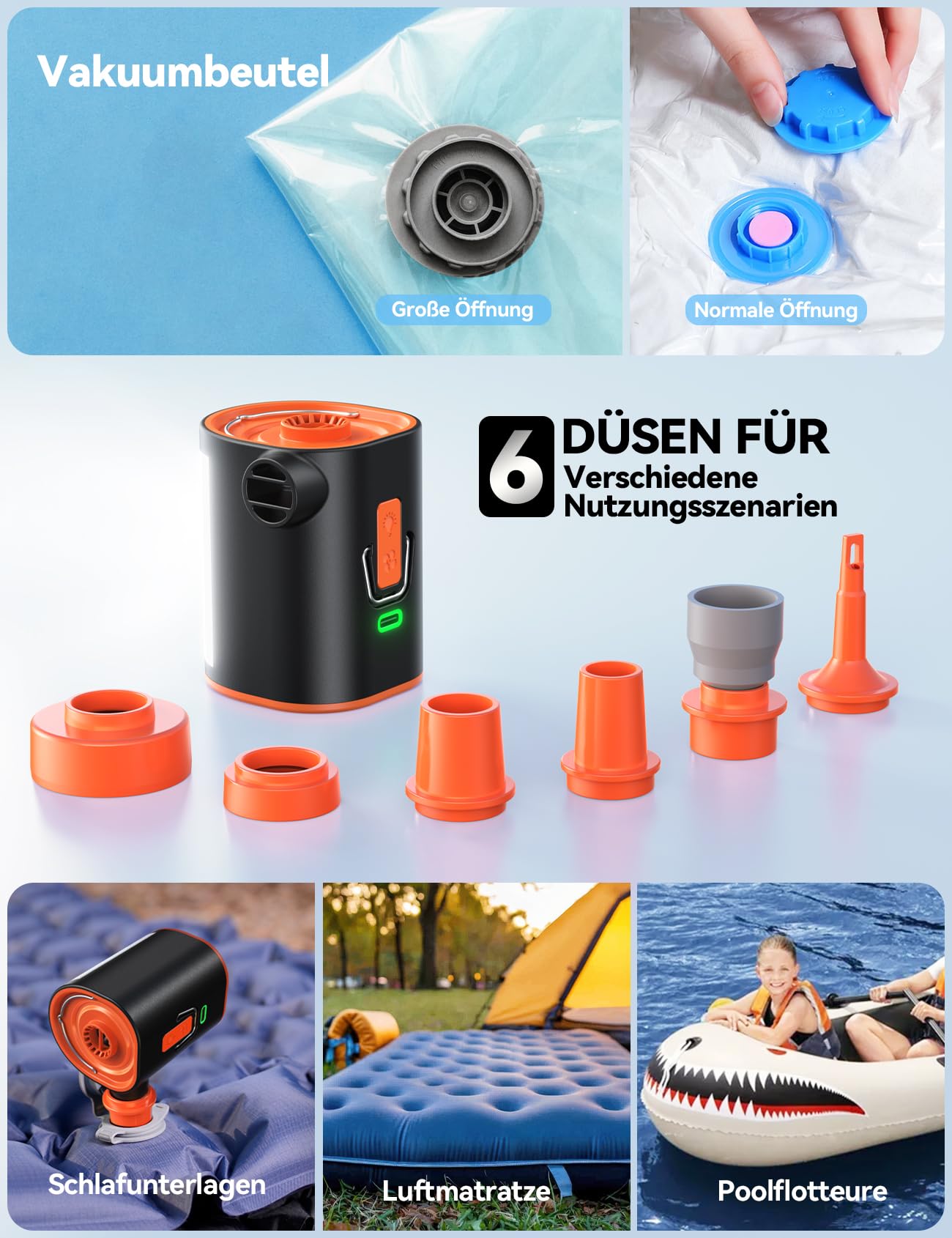 JOYROOM Elektrische Luftpumpe Kompakte für Luftmatratze mit Campinglampe, 4.8 kPa Wiederaufladbare Luftpumpe Luftmatratze mit 3600 mAh Akku Inklusive 6 Düsen Für Luftkissen Schwimmring Vakuumbeutel 4