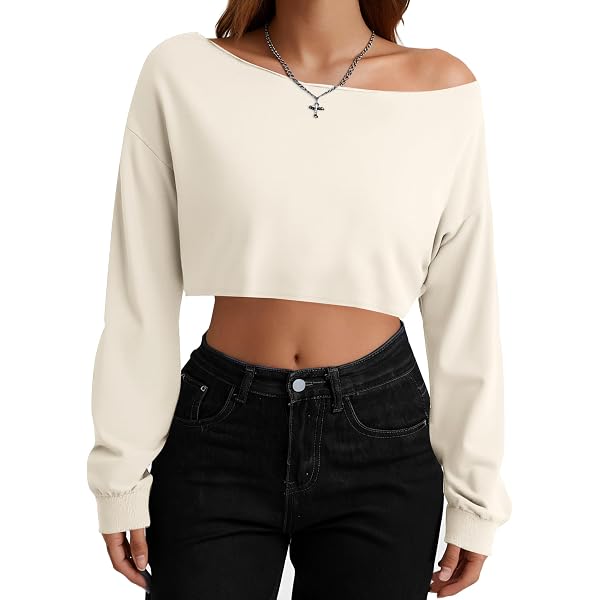 RoseSeek Women’s Asymmetrical Off-Shoulder Crop Top – Long Sleeve, Ribbed Knit, Lettuce Trim | Casual Streetwear T-Shirt
