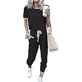 PRETTYGARDEN Women Summer Two Piece Outfits Striped Short Sleeve Pullover and Long Pants Tracksuit Travel Pajama Lounge Set