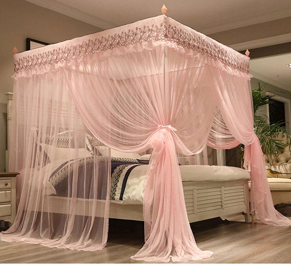Nattey 4 Corner Post Bed Curtain Canopy Mosquito Netting With Bed Canopy Frame(Post) (Queen, Pink)