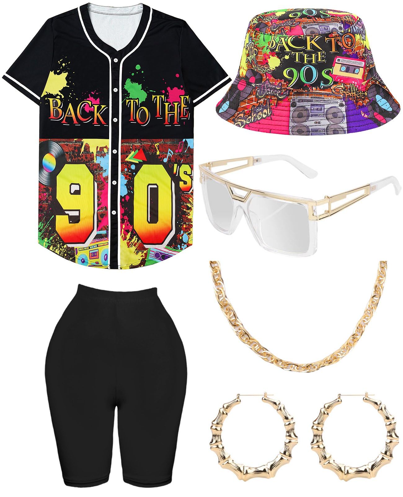 WILDPARTY 80s 90s Hip Hop Costume Outfit for Women Baseball Jersey Shirt Yoga Pants Bucket Hat Gold Chain Rapper Accessories 1990s 1980s Neon Clothes Retro Party Pattern-H L