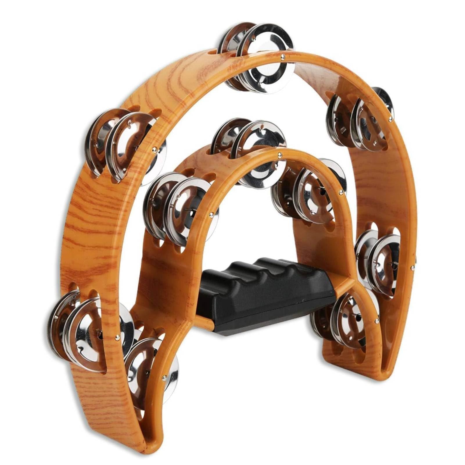 Double Row Tambourine, Handheld Tambourine Musical Percussion Tambourines with Ergonomic Handle Grip Half Moon Musical Tambourine Percussion Drum for Adults, Church, KTV, Party (Brown)