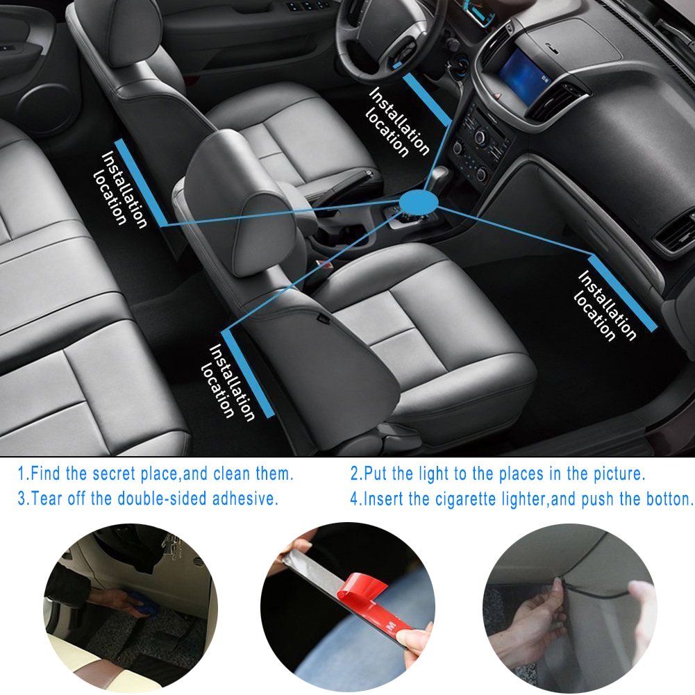 Car LED Strip Light,FICBOX （Upgraded）4Pcs 48 LEDs Multi-Color Car Interior Light,Auto Atmosphere Lights Strip Waterproof Glow Neon Lighting Kit with Wireless Remote Control and Car Charger