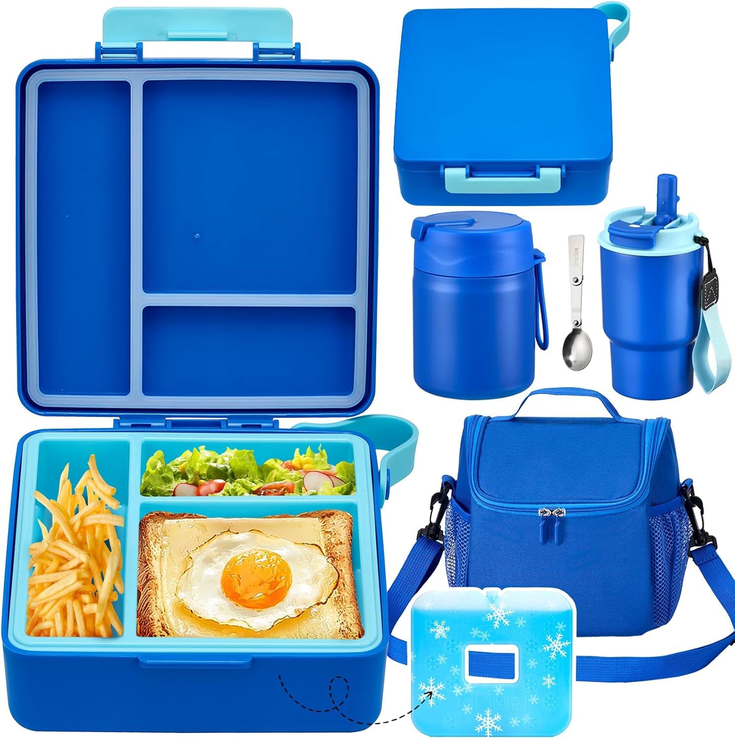 Photo 1 of Lunch Box Set with Bento Box Container, 17OZ Stainless Steel Food Soup Thermo, Kids Water Bottle & Portable Insulated Lunch Bag – Leakproof, Hot/Cold Retention for School, Travel(Blue)