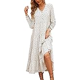 Beautiful Nomad Women's Casual V Neck Boho Dress Puff Sleeve High Waist Floral Smocked Flowy Ruffle Midi Dresses