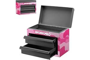 WORKPRO Metal Mini Tool Box, Top Tool Chest containing Two Drawers with Ball Bearing Slides, PVC Drawer Liners and PP Feet Pads, Cold Rolled Steel Small Toolbox for Multi-Purpose Storage - Pink Ribbon