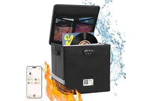 TIDYTECH Vinyl Record Storage Box with Smart Labels,Fireproof Record Crate Collapsible Waterproof Album Storage with Lid for LP Album Collection,100+ Single Records Combination Lock Black