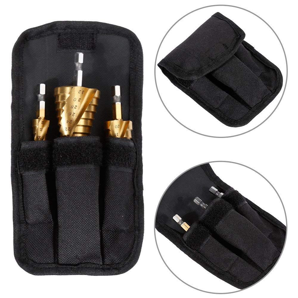 HSS Stufenbohrer Set,Gocheer 3 stück Stufenbohrer Schälbohrer Kegelbohrer Set,Spiral Gerillt,mit Tasche(4-12mm /4-20mm /4-32mm),für Edelstahl,Metall,Holz,Kunststoff,Aluminium, Kupfer,DIY usw (Golden)