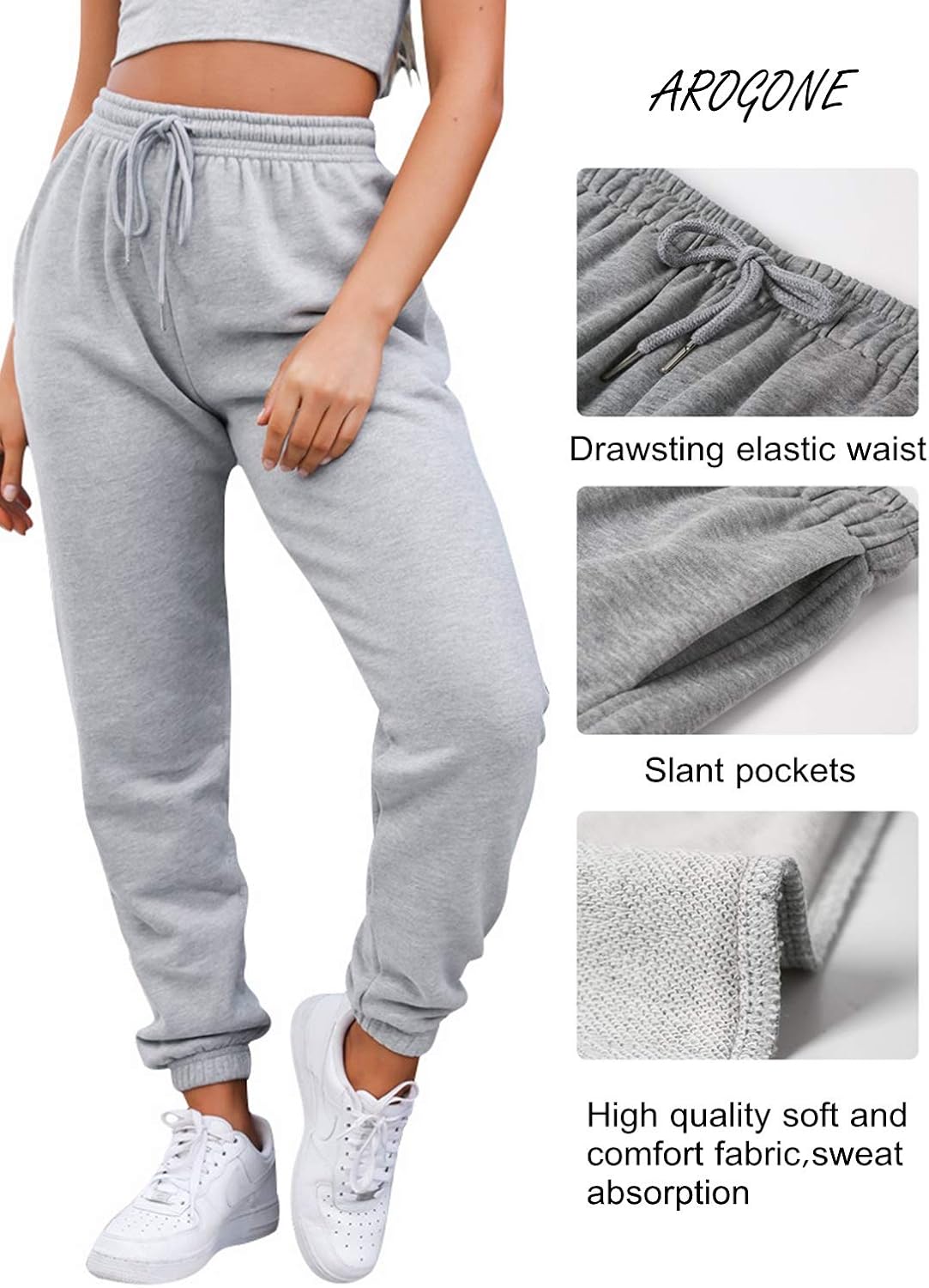 AROGONE Womens Comfy Drawstring Elastic Waist Cotton Sweatpants Loose Jogger Pants with Pockets: Clothing
