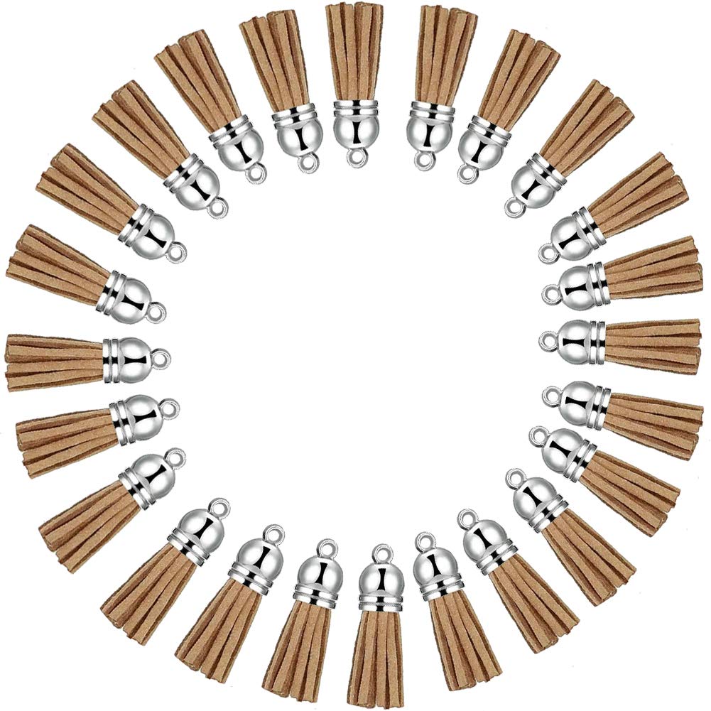 Keychain Tassels Leather Tassel Pendants with Silver White Caps,Tassel Charm for Jewelry Making Keychain Bracelets Ring Crafts -30pcs(1-1/2 inch,Blue) (Tan)