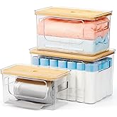 KitHero 3-Pack Trash Bag Holder,Trash Bag Dispenser with Bamboo Lid, Stackable Acrylic Garbage Bag Dispenser for Under Sink Use in Kitchen, Laundry Room, and Pantry, Large Capacity Garbage Bag Holder