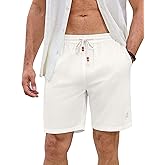 JMIERR Mens Shorts Linen Cotton 7" Casual Elastic Waist Drawstring Lightweight Summer Beach Shorts with Pockets