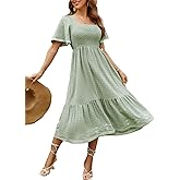 Glamaker Women's Short Sleeve Smocked Square Neck A Line Summer Flowy Maxi Long Dress