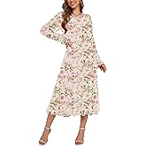 CYiNu Women's Midi Dresses Long Sleeve Crew Neck Flowy Casual Floral Boho Tiered Chiffon Smocked Elegant Dress