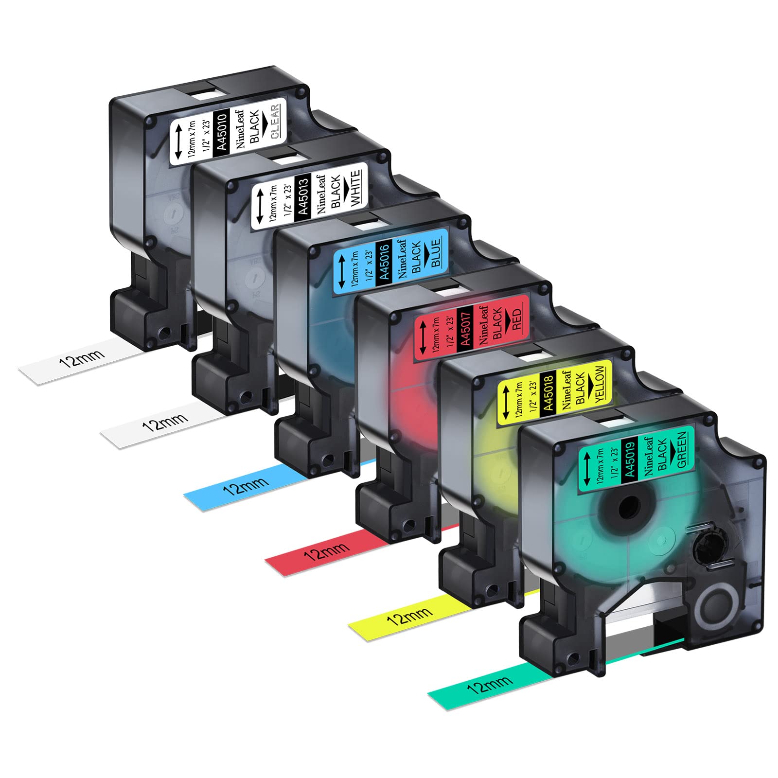 NineLeaf 6X Compatible for Dymo D1 45010 45013 45016 45017 45018 45019 Color Tape 12mm x 7m Label Tape LabelManager 160 420P 360D 210D 500TS PnP LW 450 Duo Label Make — image 1