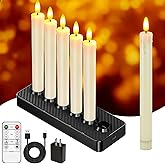 HL Rechargeable Flameless Taper Candles with Charging Base, 6 Pack LED Window Candles, Flickering Battery Operated with Remote Timer, Flameless Candlesticks for Halloween Christmas Decorations (Ivory)