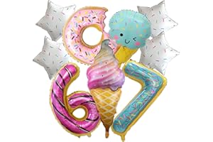 Mutpne Ice Cream and Donut Birthday Balloons, Numbers 6 and 7, Mylar Foil, 9-Piece Party Decoration Set for Kids