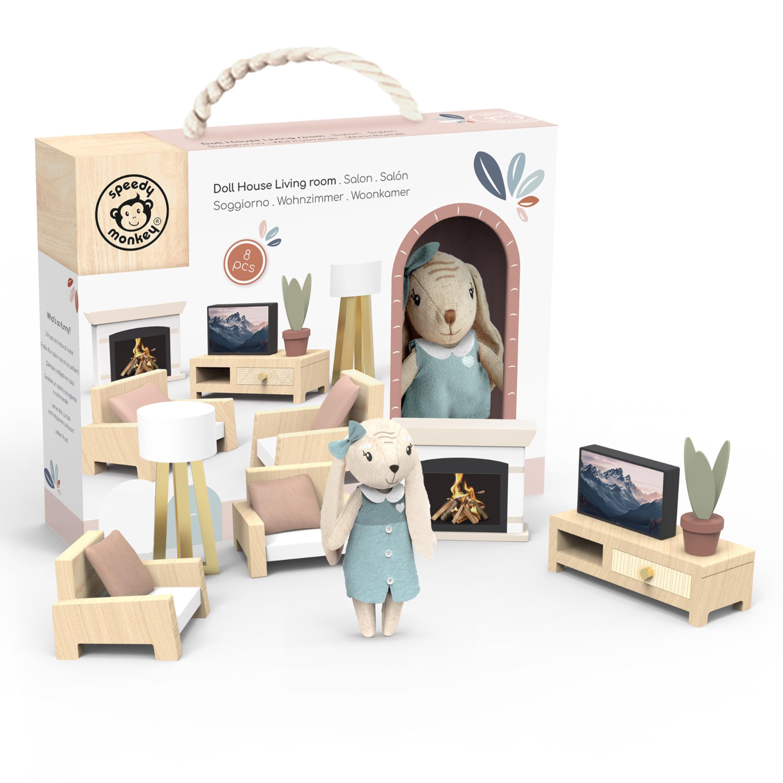 Speedy Monkey Cozy Dollhouse Living Room Playset with Bunny – Miniature FSC Wooden Furniture Sofa, TV – Pretend Play Fully Furnished Farmhouse Accessories for Kid, Toddler, Girl – Doll House Decor Toy
