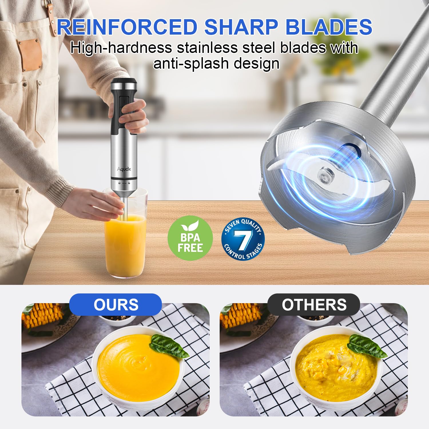 Immersion Blender 5 in 1 Handheld Blender 1500W, 20 Speed Mode&Turbo Boost, Heavy Duty Motor Electric Hand Blender with Chopper, Whisk, Frother, Beaker, for Baby Food, Sauce, Soup, Aquox