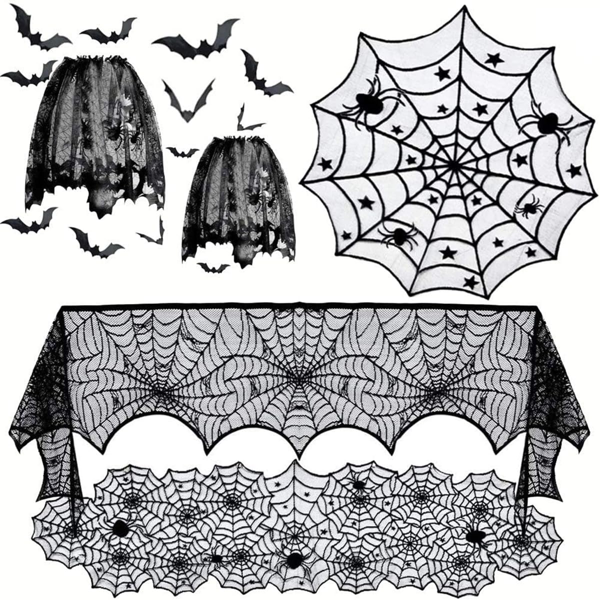 JOERRES 6 Pieces Halloween Decorations Sets,Halloween lace Round Tablecloth，Spooky Bat Spiderweb Lace Rectangular Tablecloth，Fireplace Mantel Scarf and Spider Lampshade with 12pcs Scary 3D Bat.