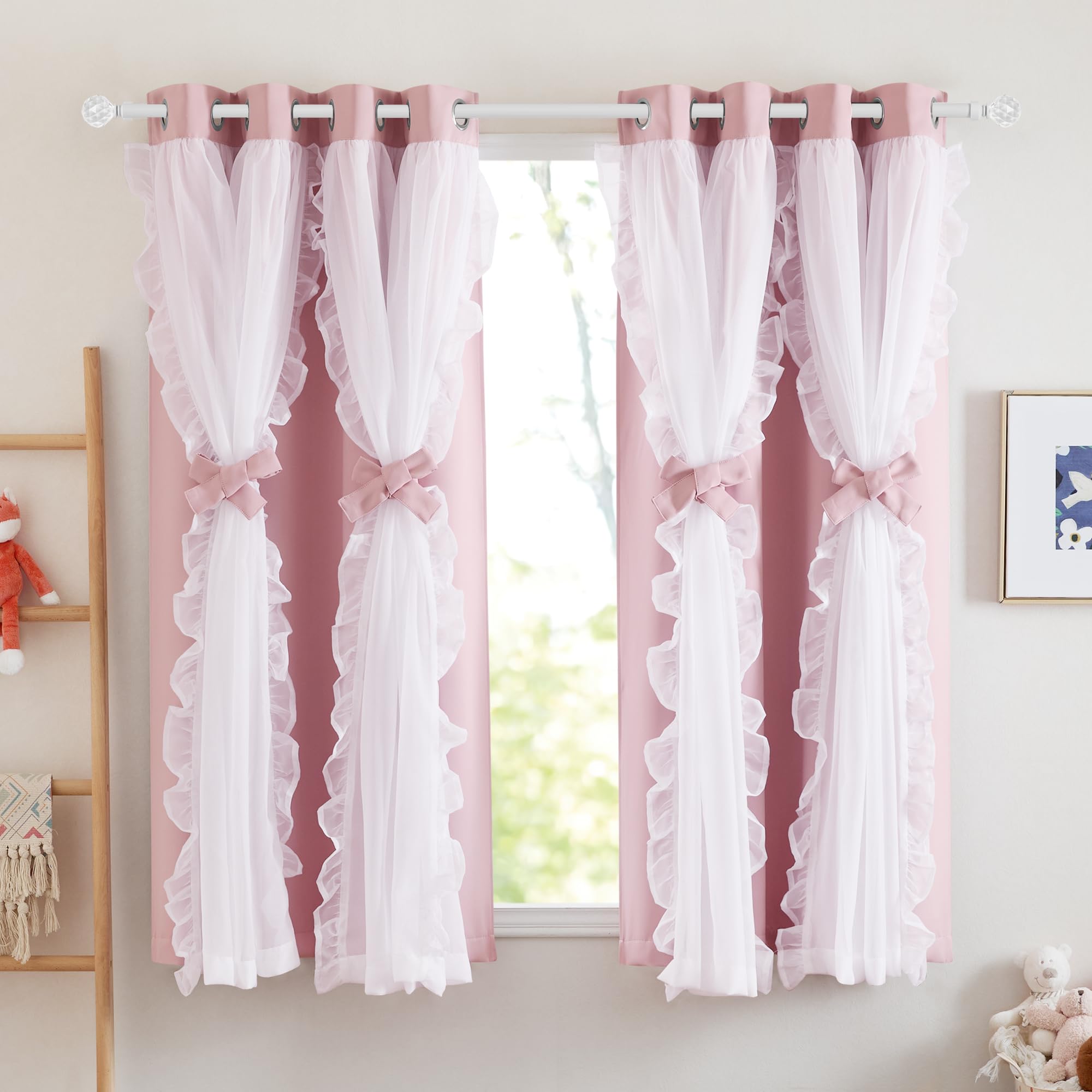 Photo 1 of PONY DANCE Girls Curtains for Bedroom Decorative Drapes for Kids Double Layer Curtain Ruffle Sheer Overlay Room Darkening Pretty Chic Princess, 52x63 inch, Blush Pink, 2 PCs