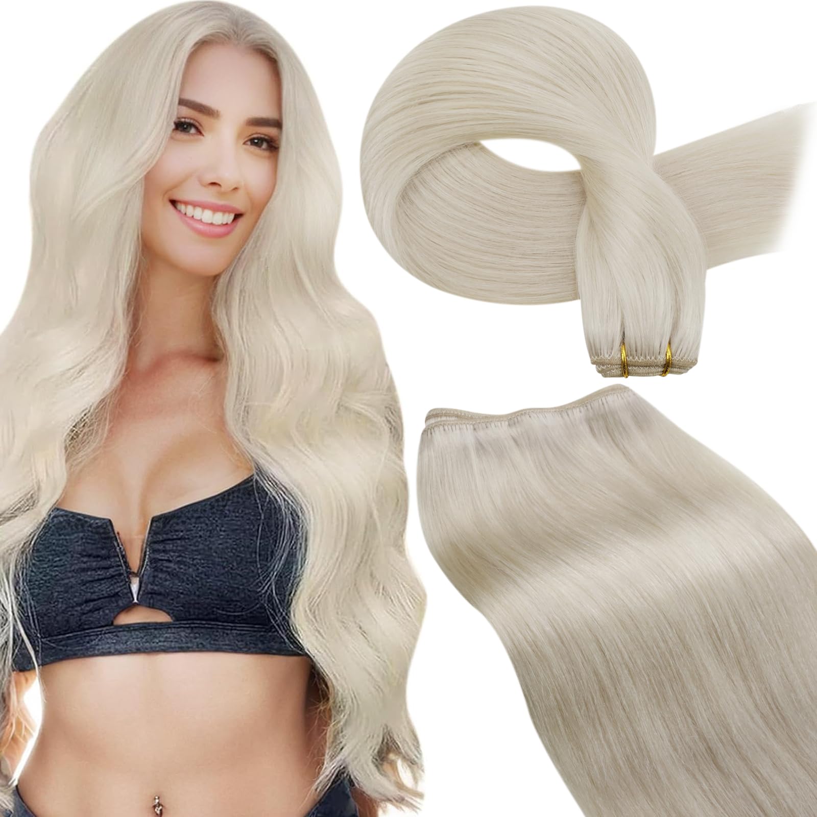 LaaVoo Weft Hair Extensions Real Human Hair Blonde 100g 22 Inch Sew in Hair Extensions Full Head Straight Remy Invisible Double Weft Weave #60 — image 1