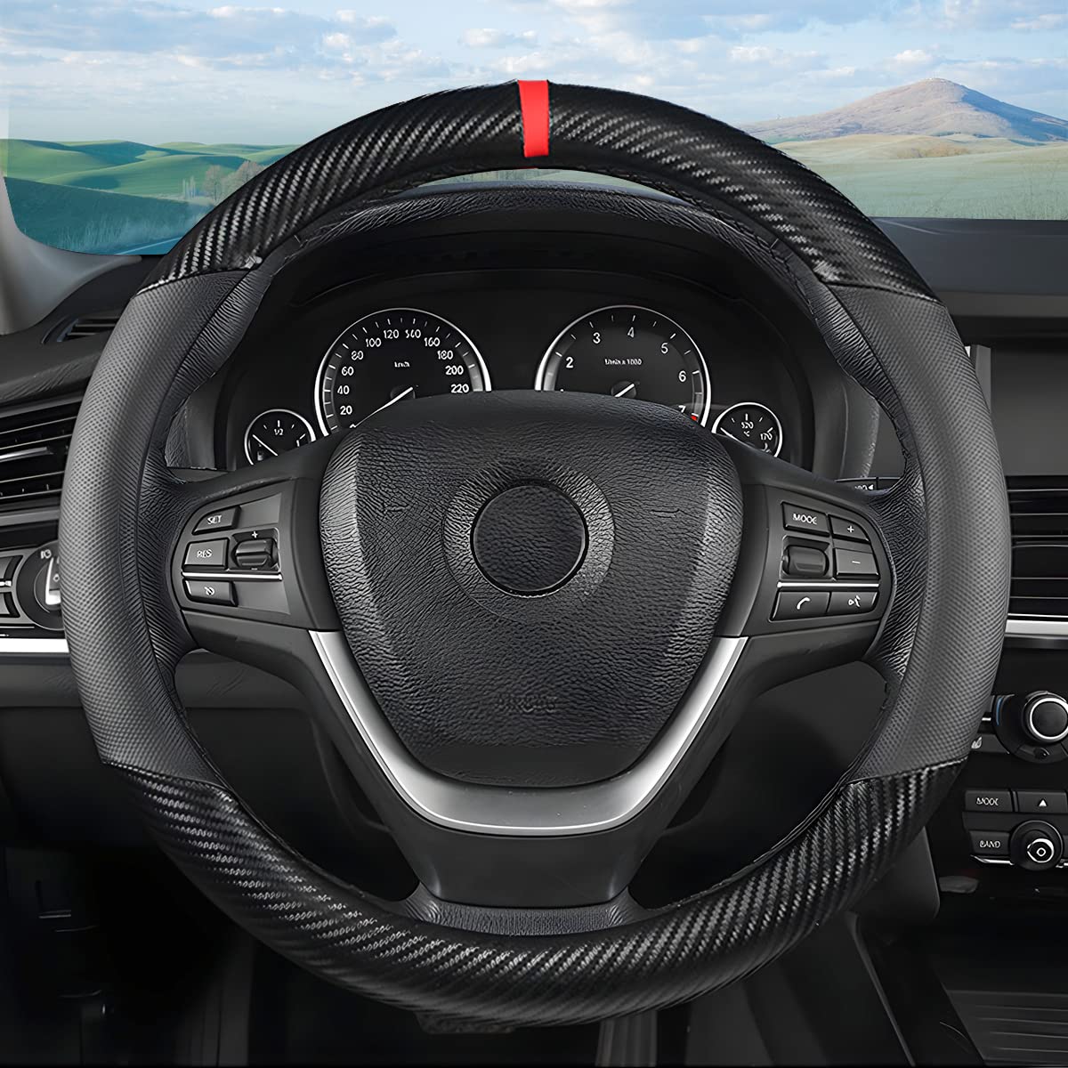 Car Steering Wheel Cover, 15 inch Anti-Slip Steering Wheel Protector, Carbon Fiber & Microfiber PU Leather Steering Wheel Cover for Women and Men, Universal Fit for Most Vehicles (Black)