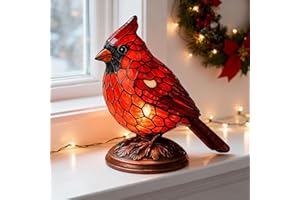 Qcvkou Cardinal Lamp Stained Glass, Red Resin Birds Desk Light, Cardinals Bird Lamps, Handmade Stained Glass Red Bird Accent Lamps, for Christmas Home Art Decor